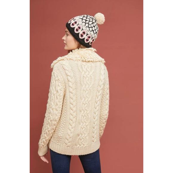 Anthropologie Moto Fringe Cream Cable Knit Cardigan size M - Picture 3 of 11